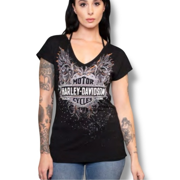 Harley-Davidson Black Graphic Rhinestone Short Sleeve Tee - Picture 1 of 9